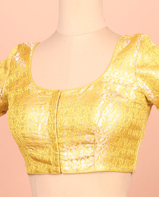 Yellow paisleys-theme jacquard front-back round neck elbow-sleeve readymade blouse