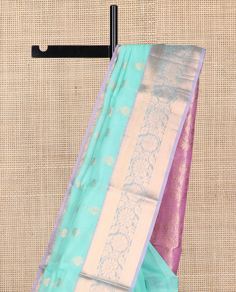 Sea green floral motifs silk cotton saree with contrast zari design border & floral design pallu