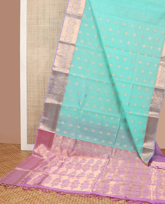 Sea green floral motifs silk cotton saree with contrast zari design border & floral design pallu