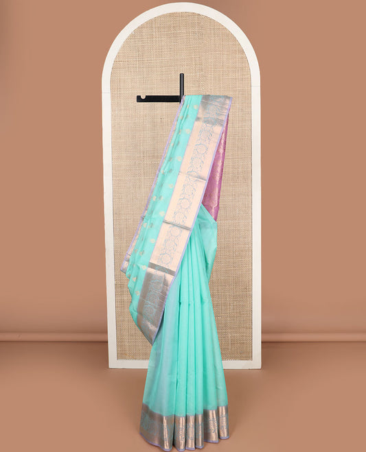 Sea green floral motifs silk cotton saree with contrast zari design border & floral design pallu