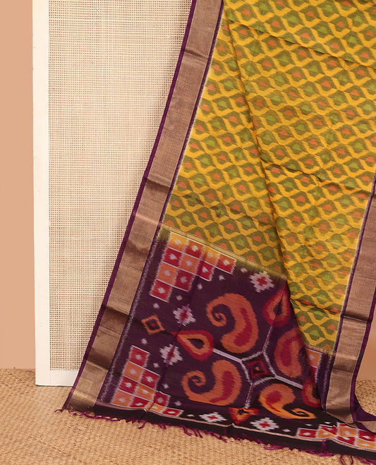 Yellow ikkat ogee patterned silk cotton saree, contrast zari bavanji border, and pallu of paisleys and checks