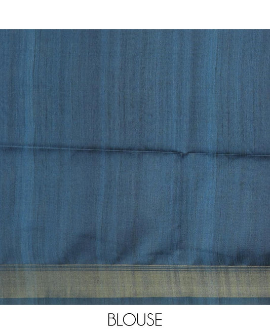 Sandal plain tussar silk saree, contrast bavanji border, and pallu of Mughal and Pichwai inspired motifs