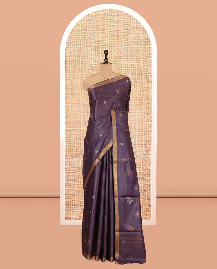 Violet Tussar Saree, Detailed with Buttas, a Subtle Zari Border, Pallu of Butterfly Buttas, and a Matching Blouse