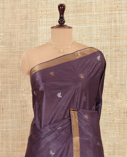 Violet Tussar Saree, Detailed with Buttas, a Subtle Zari Border, Pallu of Butterfly Buttas, and a Matching Blouse