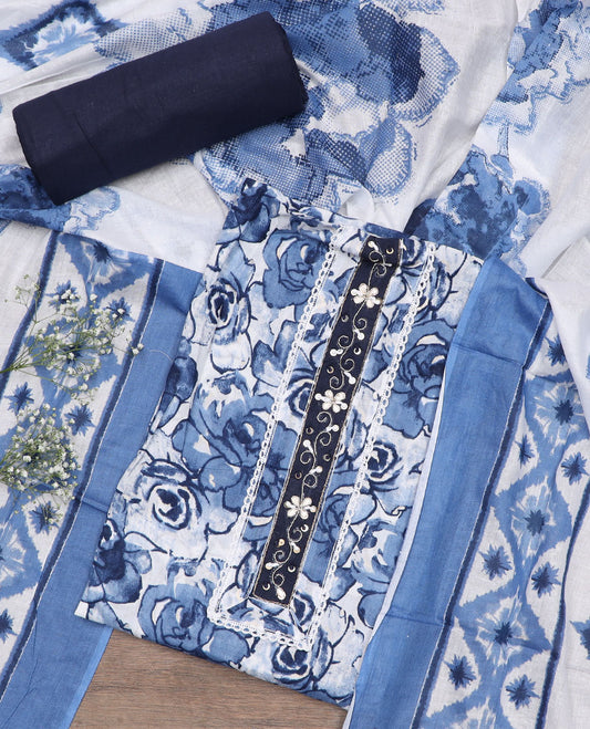 Blue material chudidar set, floral print with neck embroidered top, contrast plain bottom, and floral printed dupatta