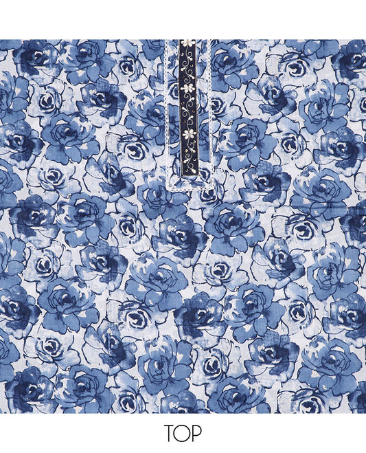 Blue material chudidar set, floral print with neck embroidered top, contrast plain bottom, and floral printed dupatta