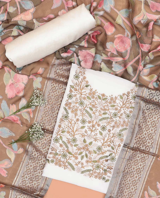 White chudidhar material set floral embroidered top, plain bottom & floral design dupatta