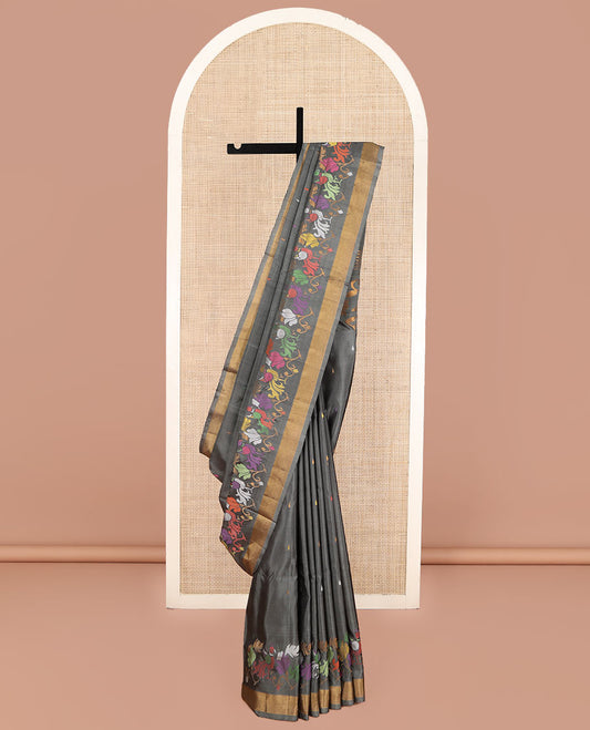 Elephant Grey Uppada Silk Saree, Steeped with Meena Buttas and Floral-Bird Meena Design All Over Its Body, Subtle Bavanji Border, Pallu of Meena Floral Designs, and Paired with a Matching Blouse