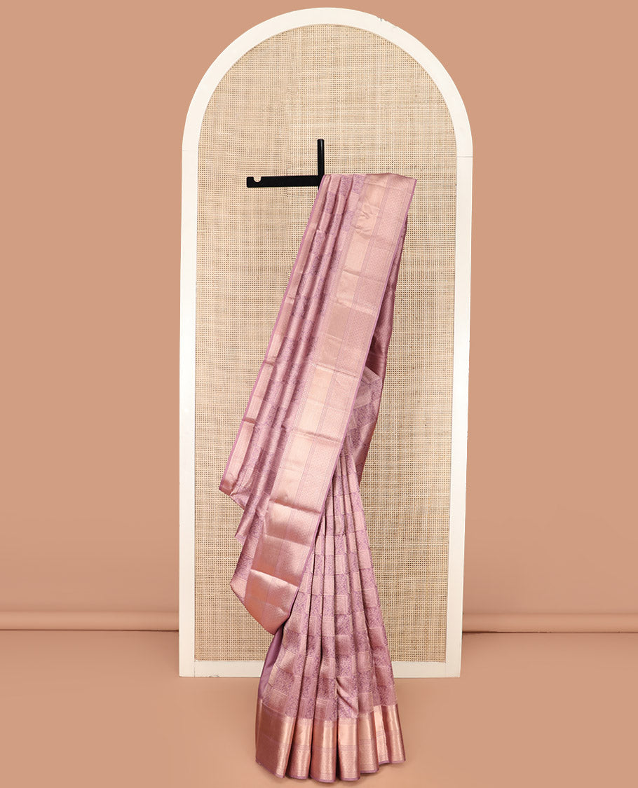 Onion Pink Kanchipuram Wedding Silk Saree Elegantly Adorned with Jacquard Designs, Highlighted with Zari Border of Thilakam, Muthu, and Scallop Designs, Majestically Detailed Pallu, and Paired with a Matching Blouse