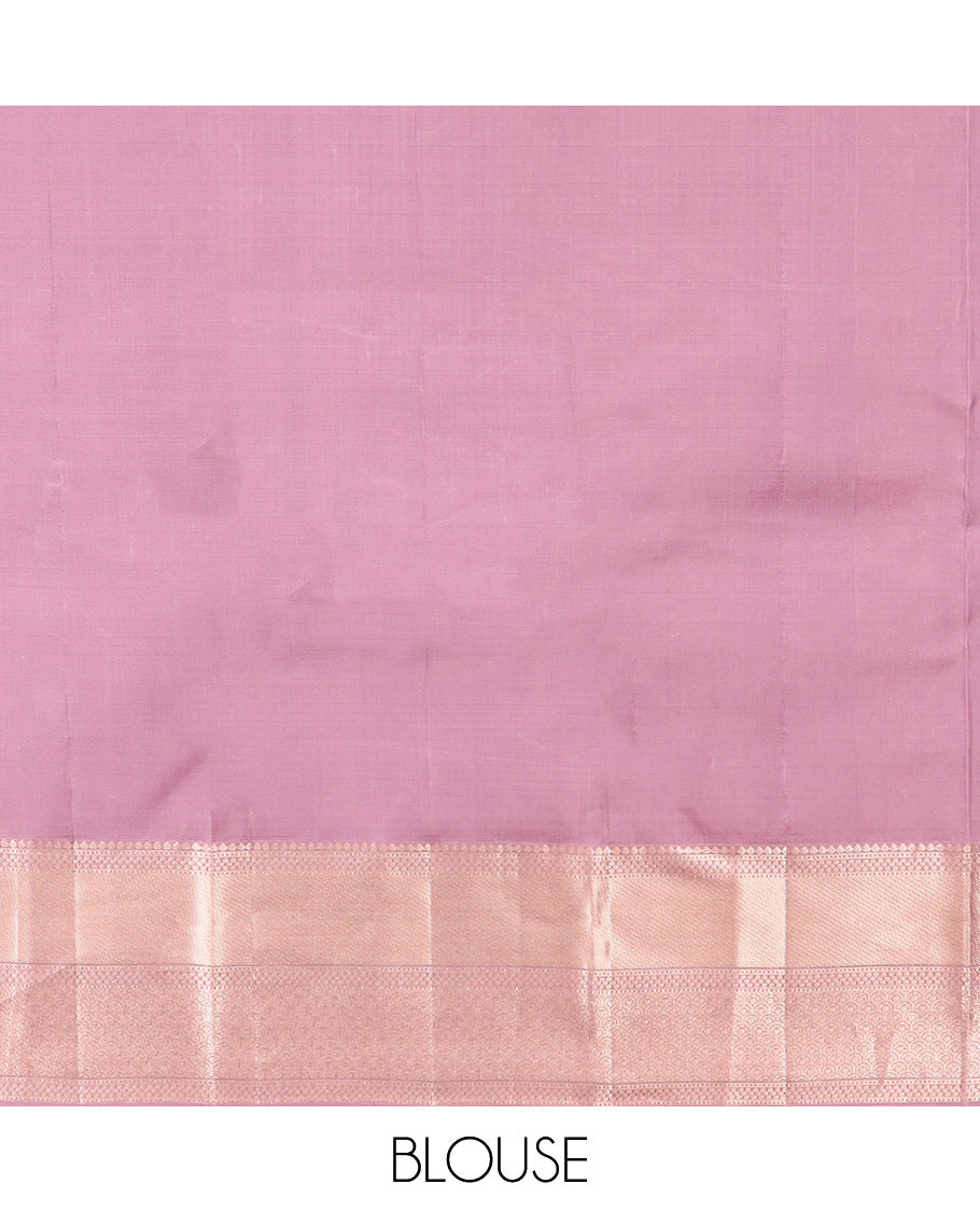 Onion Pink Kanchipuram Wedding Silk Saree Elegantly Adorned with Jacquard Designs, Highlighted with Zari Border of Thilakam, Muthu, and Scallop Designs, Majestically Detailed Pallu, and Paired with a Matching Blouse