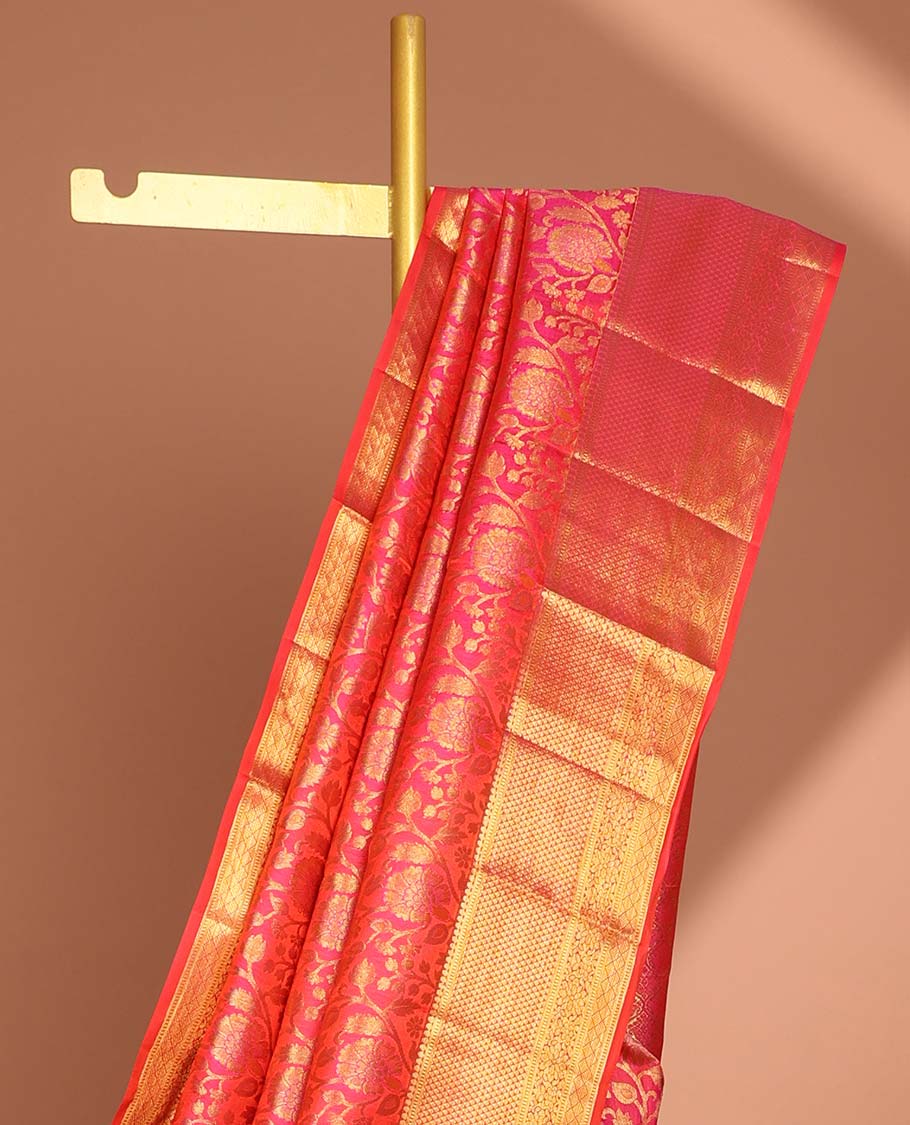 Pink floral zari design kancheepuram silk saree with contrast border of sombu, muthu, kuyil kann design & zari design pallu