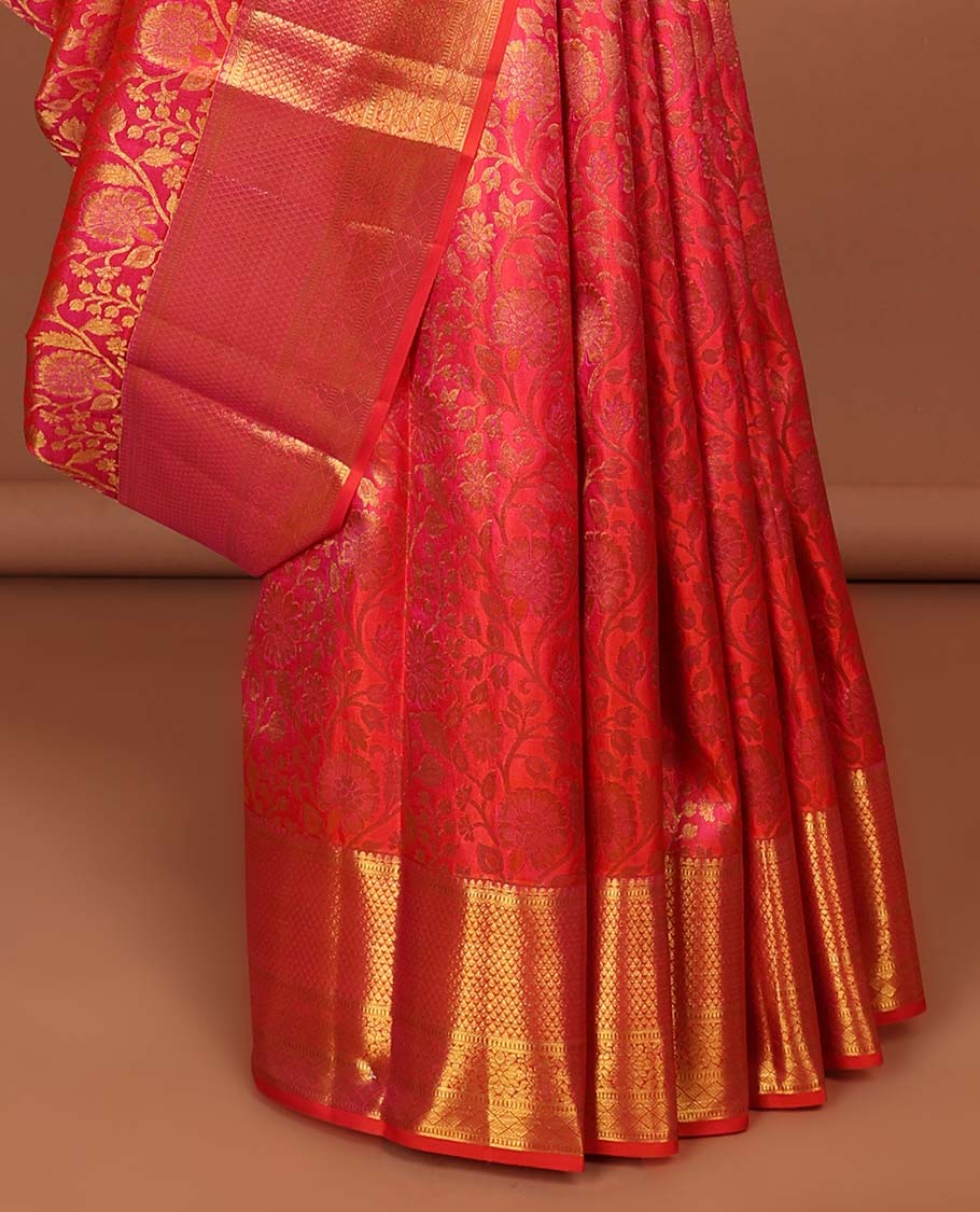 Pink floral zari design kancheepuram silk saree with contrast border of sombu, muthu, kuyil kann design & zari design pallu