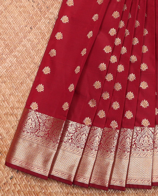 Maroon Budget Silk Saree Meticulously Crafted with Zari Buttas, Highlighted with Traditional Zari Border, Contrast-Decked-Up with Jaal Pallu, and Paired with a Contrast Blouse