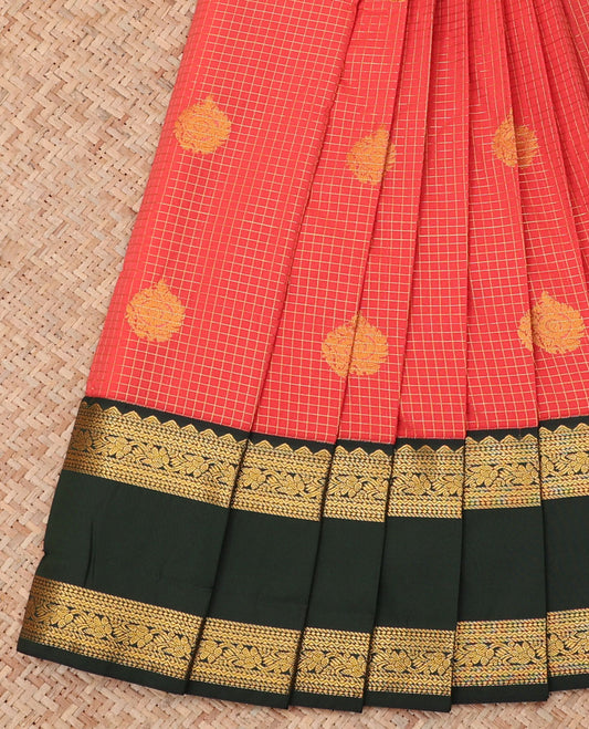 Red Budget Silk Saree, Detailed with Zari Butta Enclosed Checks, a Contrast Traditional Zari Rettai Pettu Border, Grand Pallu, and a Contrast Blouse