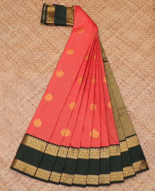 Red Budget Silk Saree, Detailed with Zari Butta Enclosed Checks, a Contrast Traditional Zari Rettai Pettu Border, Grand Pallu, and a Contrast Blouse