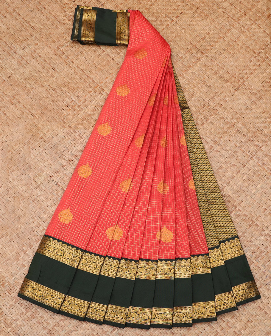 Red Budget Silk Saree, Detailed with Zari Butta Enclosed Checks, a Contrast Traditional Zari Rettai Pettu Border, Grand Pallu, and a Contrast Blouse