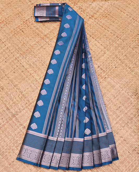 Blue Budget Silk Saree, Adorned with Zari Buttas All Over Its Body, Highlighted by Traditional Zari Designs Woven Border, Grand Pallu and Paired with a Matching Blouse
