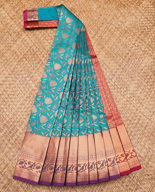 Blue Budget Silk Saree, Richly Detailed with Jacquard Design, Contrast Traditional Zari Border, Jaal Pallu, and a Contrast Blouse