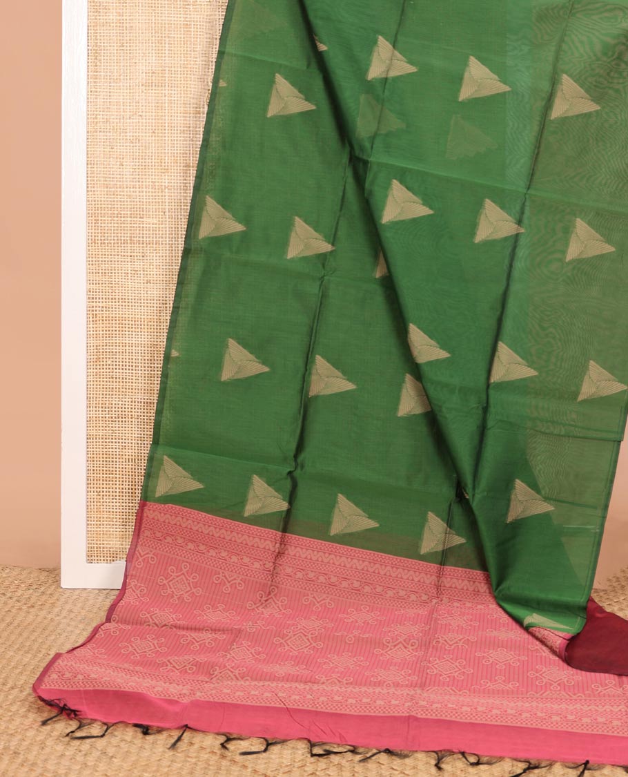 Borderless green triangle buttas semi-silk cotton saree, contrast pallu steeped with kolam buttas