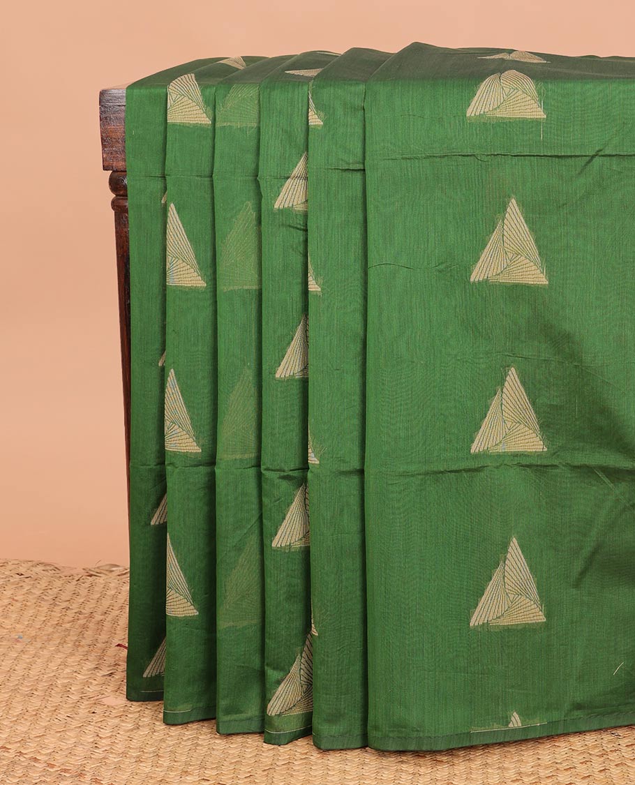Borderless green triangle buttas semi-silk cotton saree, contrast pallu steeped with kolam buttas