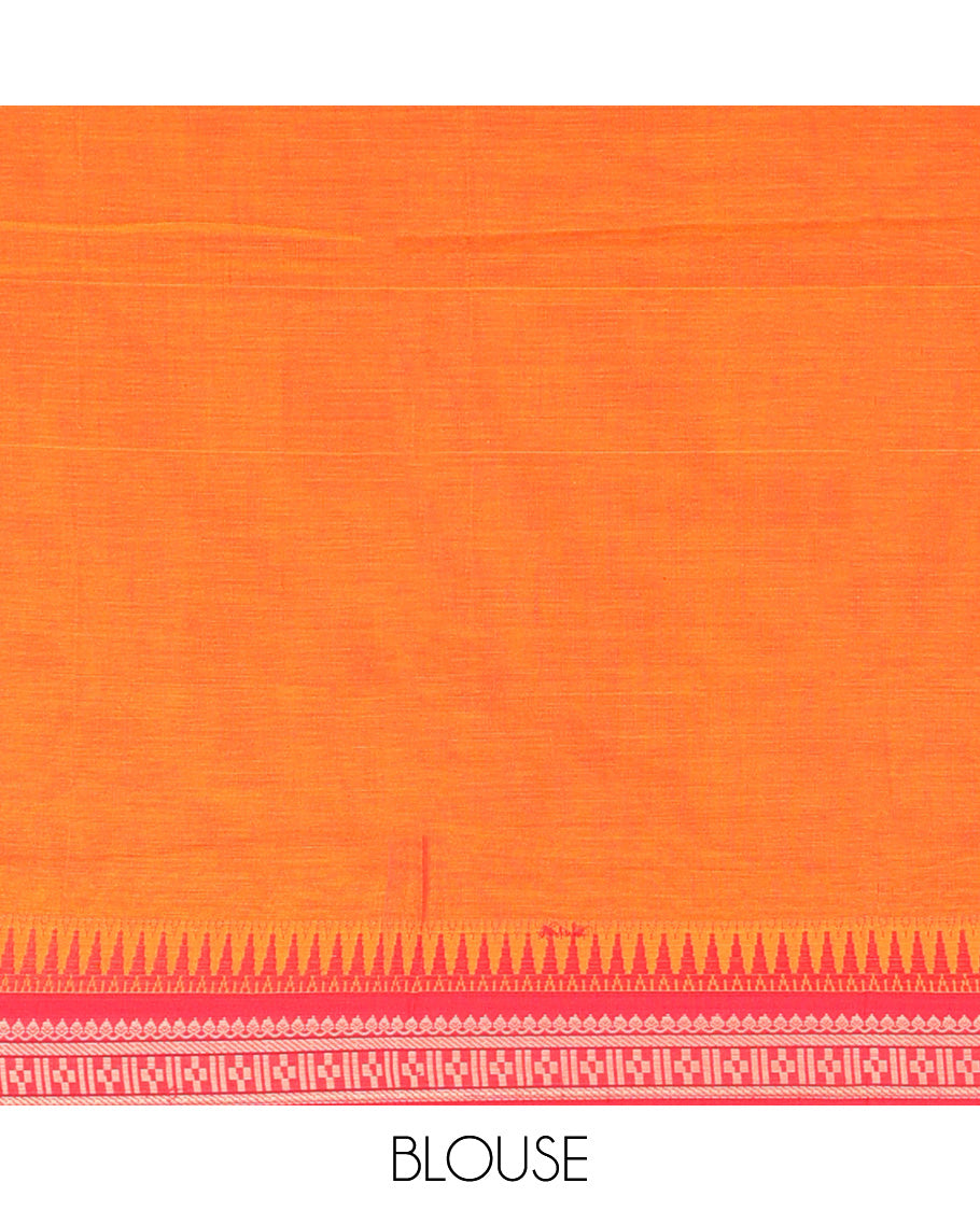 Orange plain Narayanapet cotton saree, contrast rettai pettu elephant border, and striped pallu