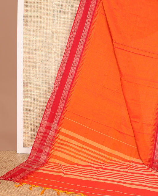 Orange plain Narayanapet cotton saree, contrast rettai pettu elephant border, and striped pallu