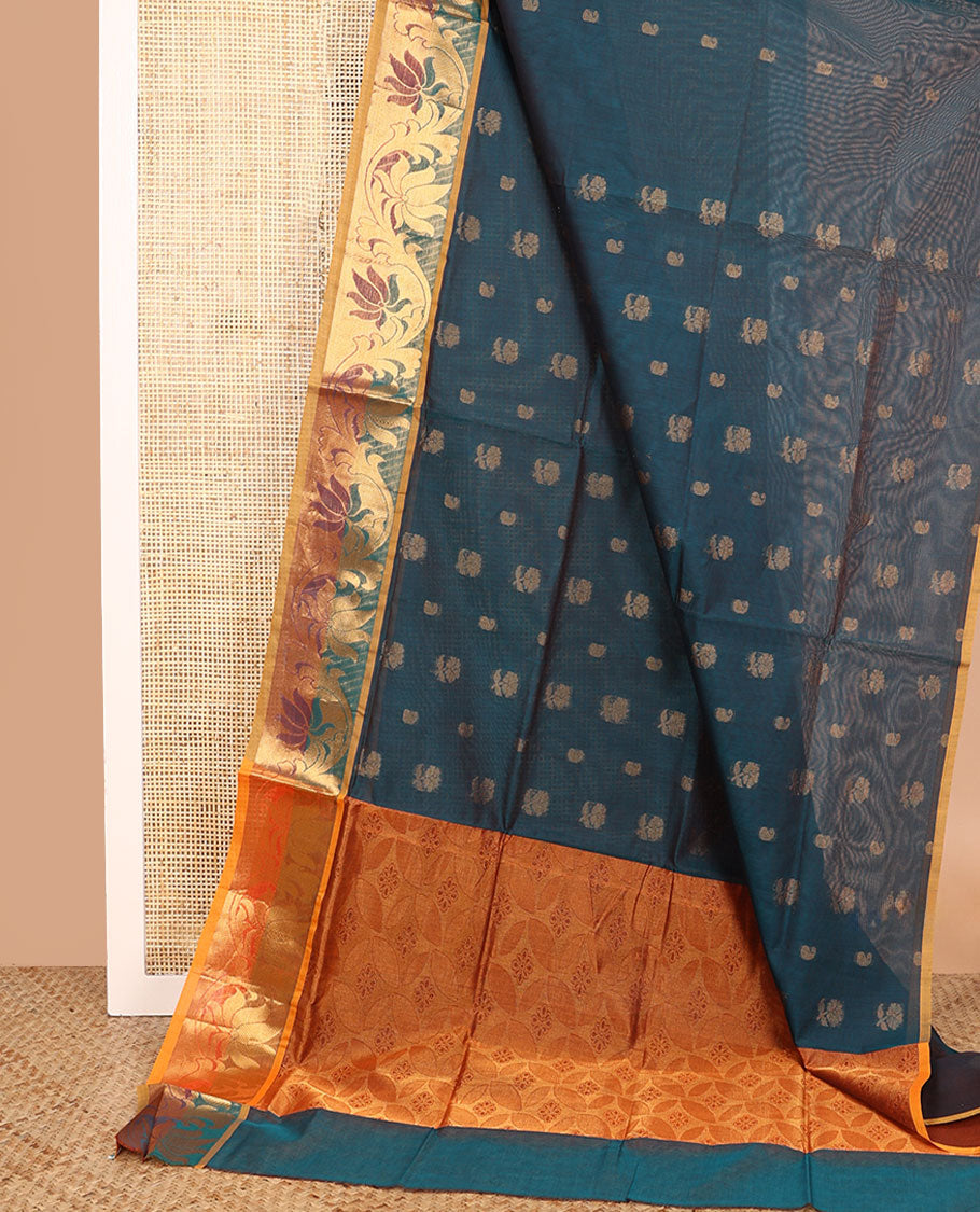 Blue zari buttas Venkatagiri cotton saree, contrast floral creeper zari border, and leaf design pallu