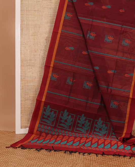 Maroon veldhari & floral motifs Coimbatore cotton saree, contrast plain border & floral design pallu