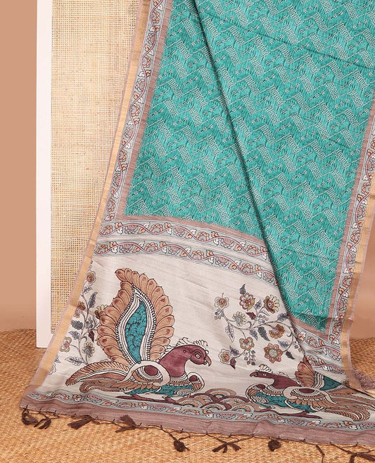 Green chevron striped chanderi cotton saree,  contrast kalamkari floral printed border, and kalamkari peacock printed pallu