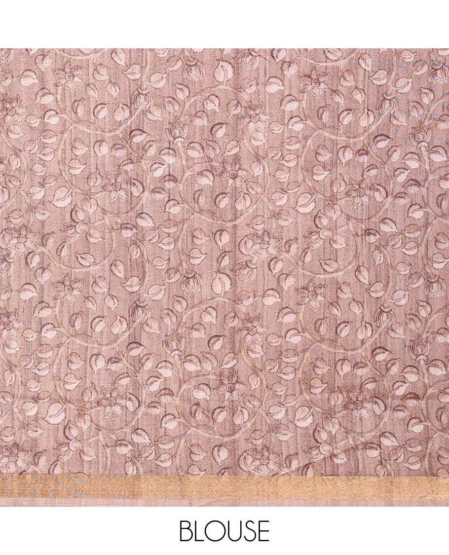 Green chevron striped chanderi cotton saree,  contrast kalamkari floral printed border, and kalamkari peacock printed pallu