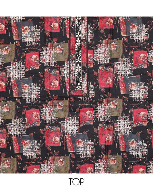 Black cotton chudidhar material set, floral & geometric printed top, printed bottom & floral-theme printed dupatta