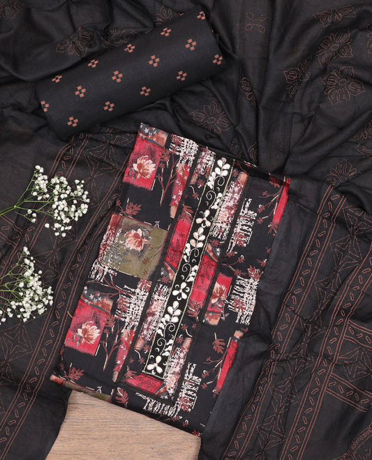 Black cotton chudidhar material set, floral & geometric printed top, printed bottom & floral-theme printed dupatta