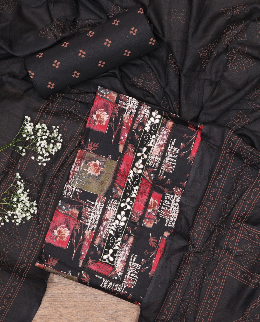 Black cotton chudidhar material set, floral & geometric printed top, printed bottom & floral-theme printed dupatta