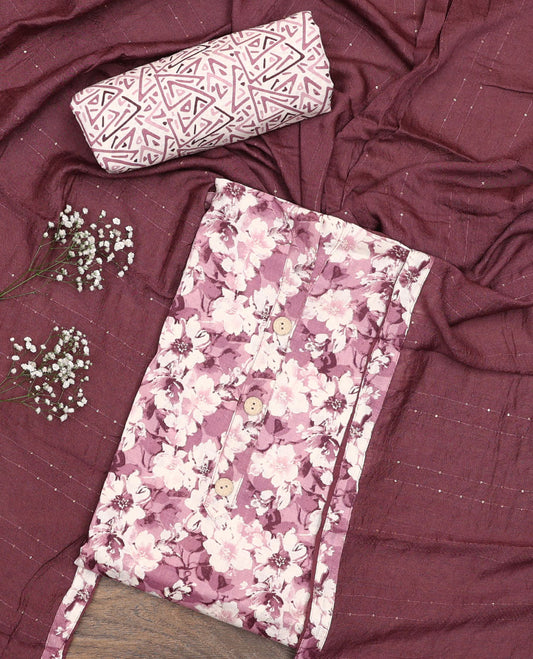 White and terracotta red material chudidar set, floral printed with button work top, printed bottom, and sequins striped dupatta