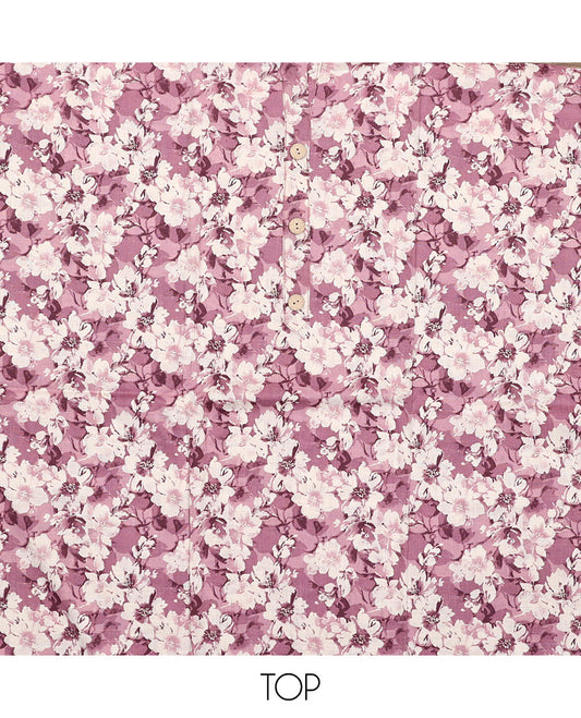 White and terracotta red material chudidar set, floral printed with button work top, printed bottom, and sequins striped dupatta