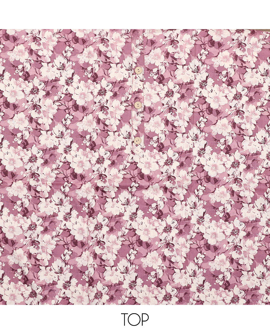 White and terracotta red material chudidar set, floral printed with button work top, printed bottom, and sequins striped dupatta