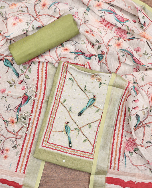 Green  Material Chudidar Set, Artfully Detailed with Mirror Work and Floral-Bird Print and Embroidered Neck Work Lilan Cotton Top, a Plain Rayon Bottom, and Paired with a Contrast Floral-Bird-Printed Lilan Cotton Dupatta