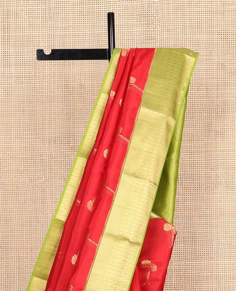 Red floral zari buttas Vasundhara silk mix saree, contrast border & pallu of geometric patterns