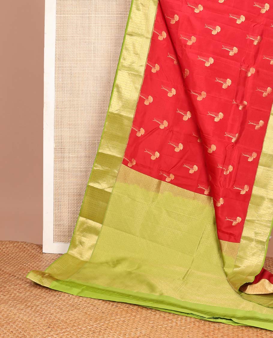 Red floral zari buttas Vasundhara silk mix saree, contrast border & pallu of geometric patterns