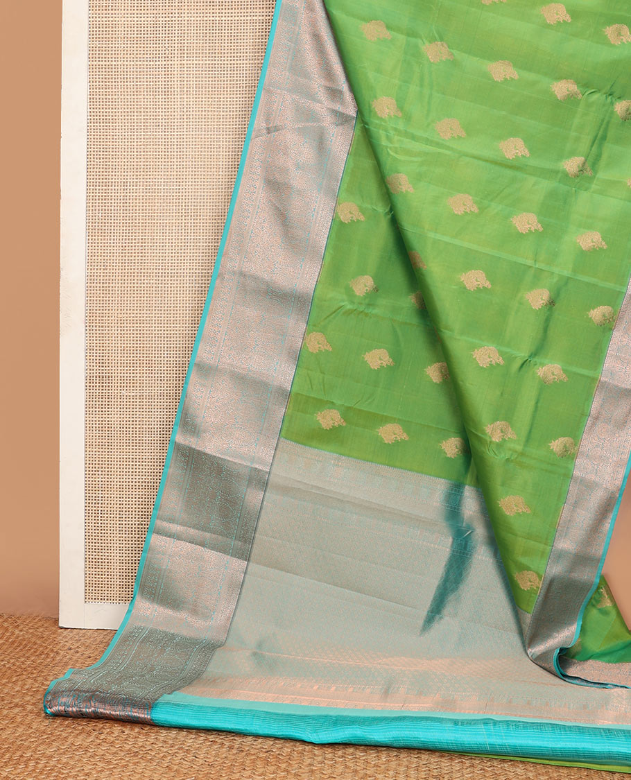 Green zari buttas Vasundhara silk mix saree, contrast traditional zari border & pallu of intricately zari woven jaal design