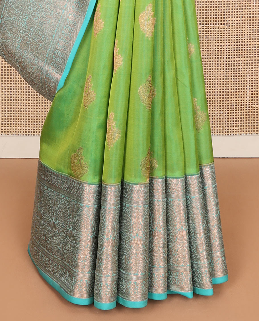Green zari buttas Vasundhara silk mix saree, contrast traditional zari border & pallu of intricately zari woven jaal design