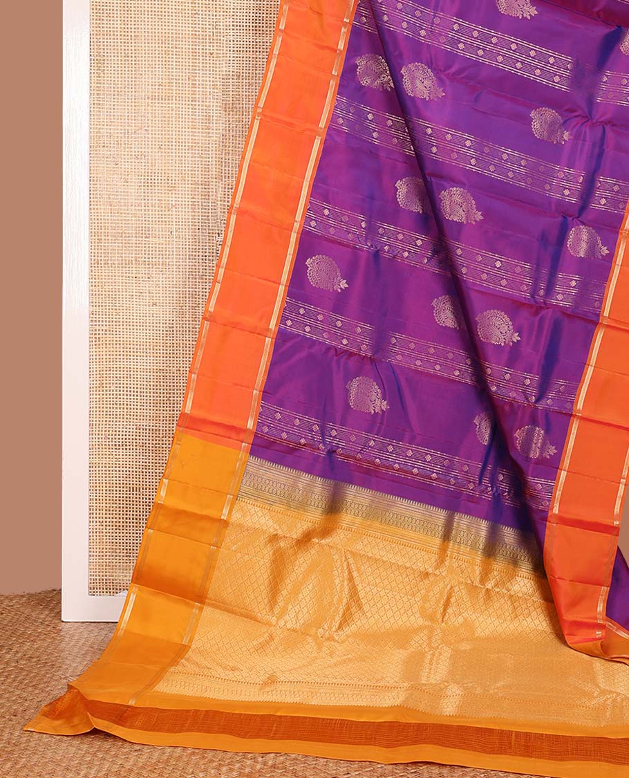Purple zari design Vasundhara silk mix saree, contrast rettai pettu zari design border, and contrast intricate pallu