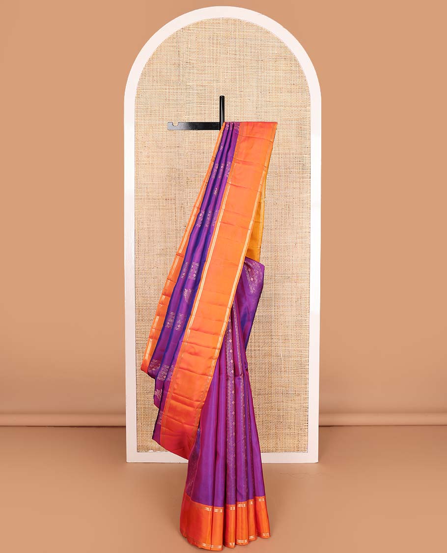Purple zari design Vasundhara silk mix saree, contrast rettai pettu zari design border, and contrast intricate pallu