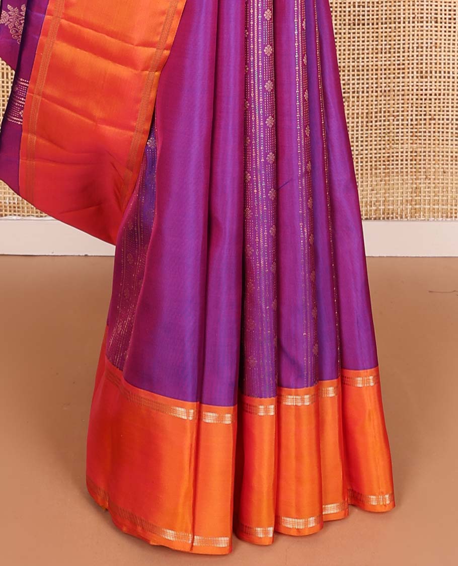 Purple zari design Vasundhara silk mix saree, contrast rettai pettu zari design border, and contrast intricate pallu