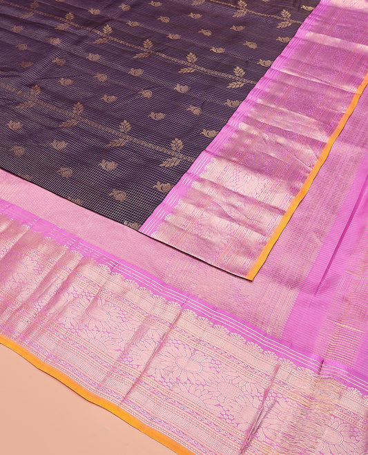 Blue Vasundhara Silk Saree Embellished with Zari Buttas and Zari Checks, Highlighted by a Contrast Border of Muthu, Banaras, Kuyil Kann, and Floral Designs, Zari Design Pallu, and Paired with a Contrast Blouse