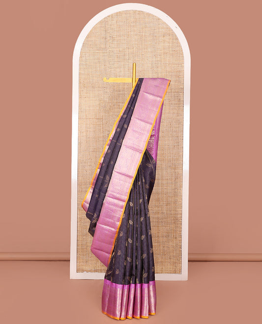 Blue Vasundhara Silk Saree Embellished with Zari Buttas and Zari Checks, Highlighted by a Contrast Border of Muthu, Banaras, Kuyil Kann, and Floral Designs, Zari Design Pallu, and Paired with a Contrast Blouse