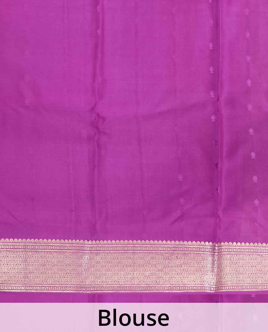 Parrot green zari buttas & corner paisley buttas Mysore silk saree, contrast traditional zari border & paisley butta enclosed checked pallu