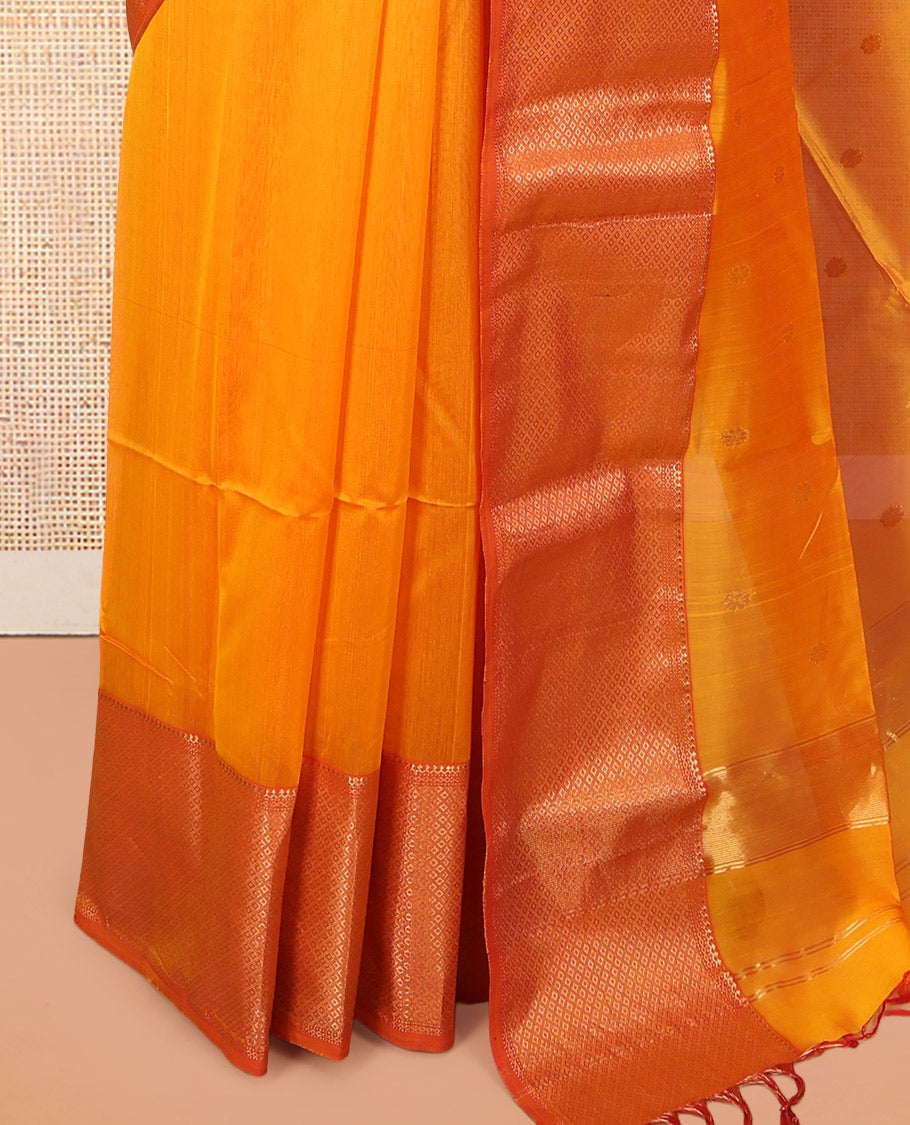 Orange Zari Buttas Maheshwari Cotton Saree, a Contrast Traditional Zari Border, Pallu of Zari Buttas, and a Matching Blouse