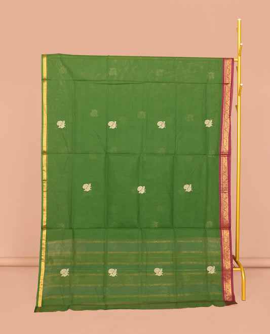 Parrot Green Venkatagiri Cotton Saree, Highlighted by Peacock Buttas, a Contrast Traditional Zari Border, Pallu of Stripes and Buttas, and No Blouse