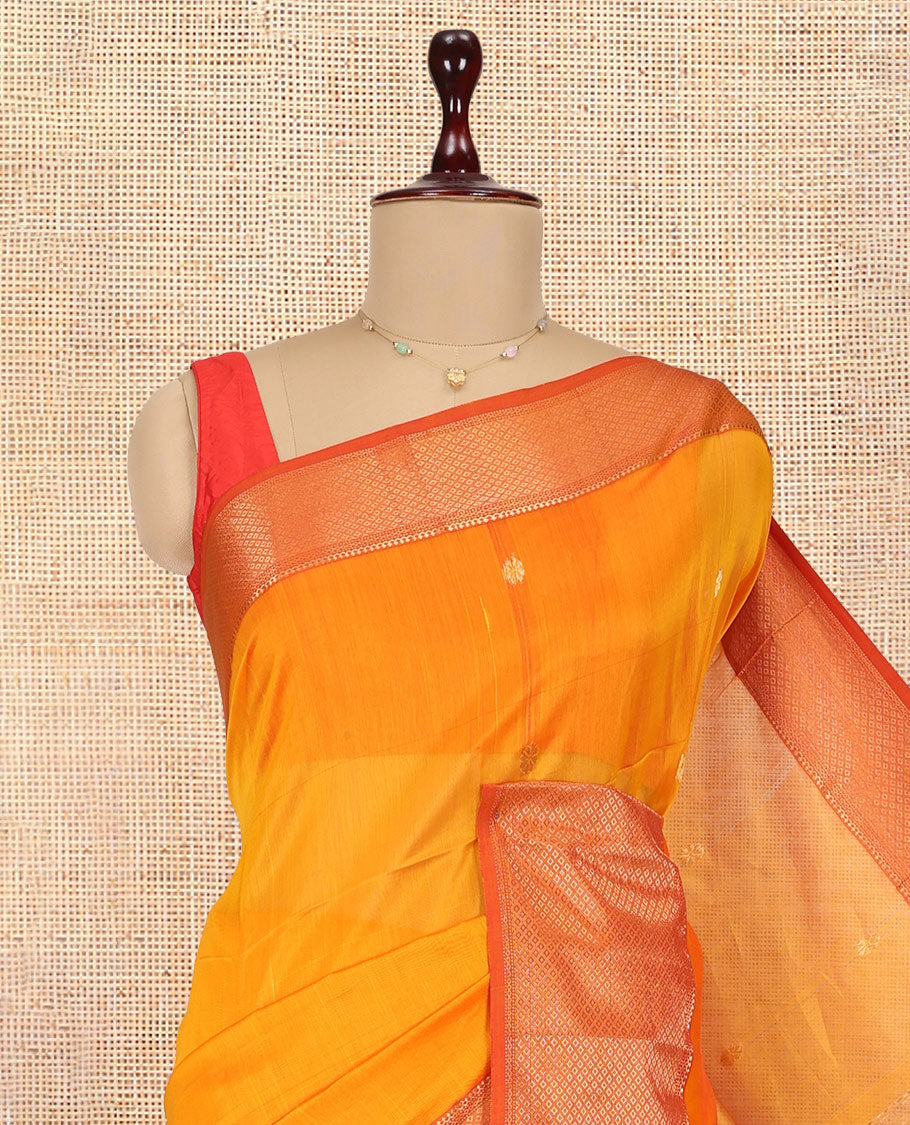 Orange Zari Buttas Maheshwari Cotton Saree, a Contrast Traditional Zari Border, Pallu of Zari Buttas, and a Matching Blouse